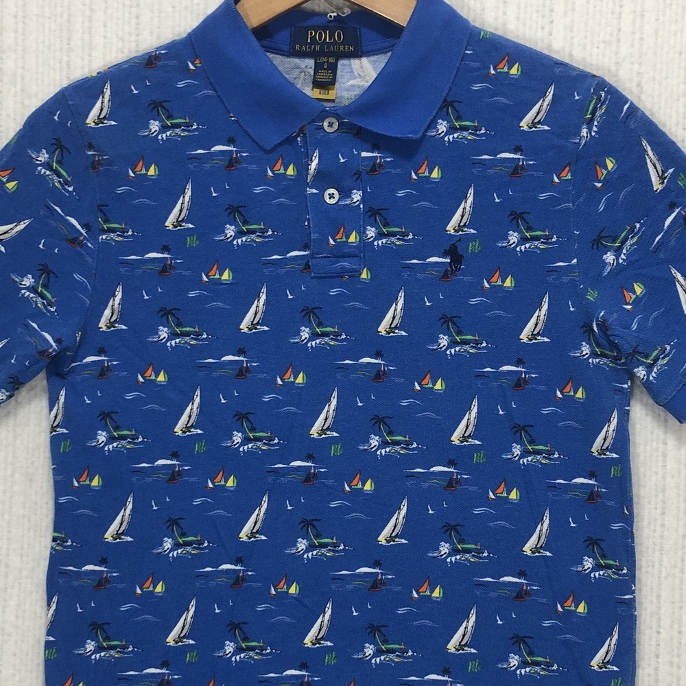 Polo Ralph Lauren Boys Blue Nautical Sailboat Print Polo Shirt Size L 14-16